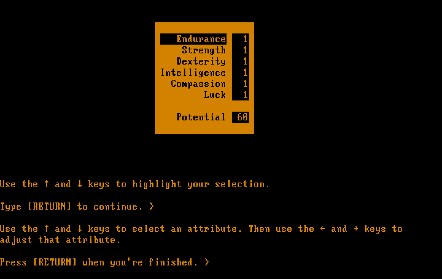 Beyond Zork: The Coconut of Quendor IBM PC/Compatibles Screenshot: Creating a new character.
