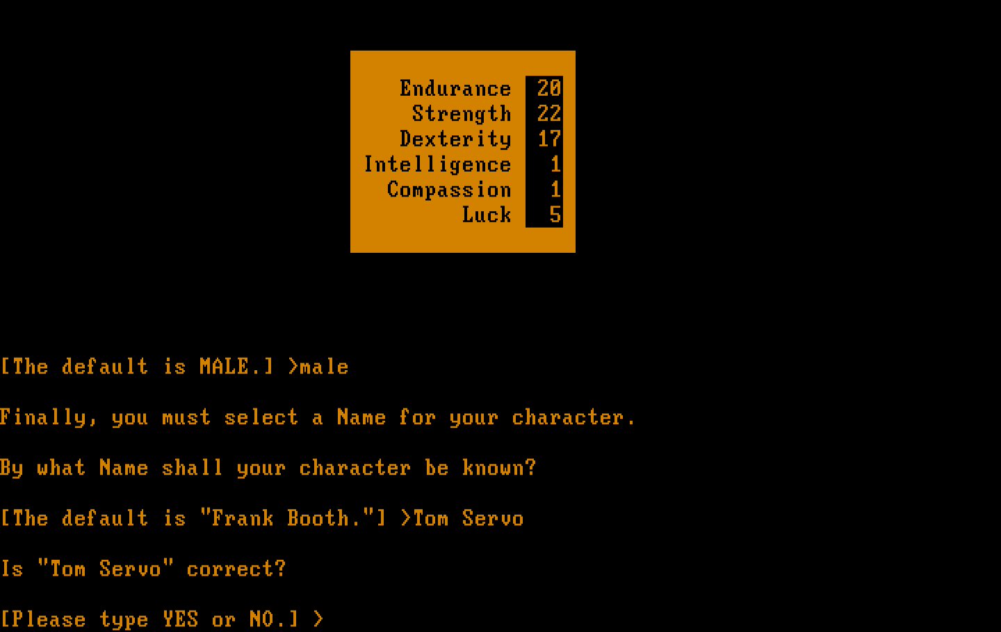 Beyond Zork: The Coconut of Quendor IBM PC/Compatibles Screenshot: Save your new character to disk?