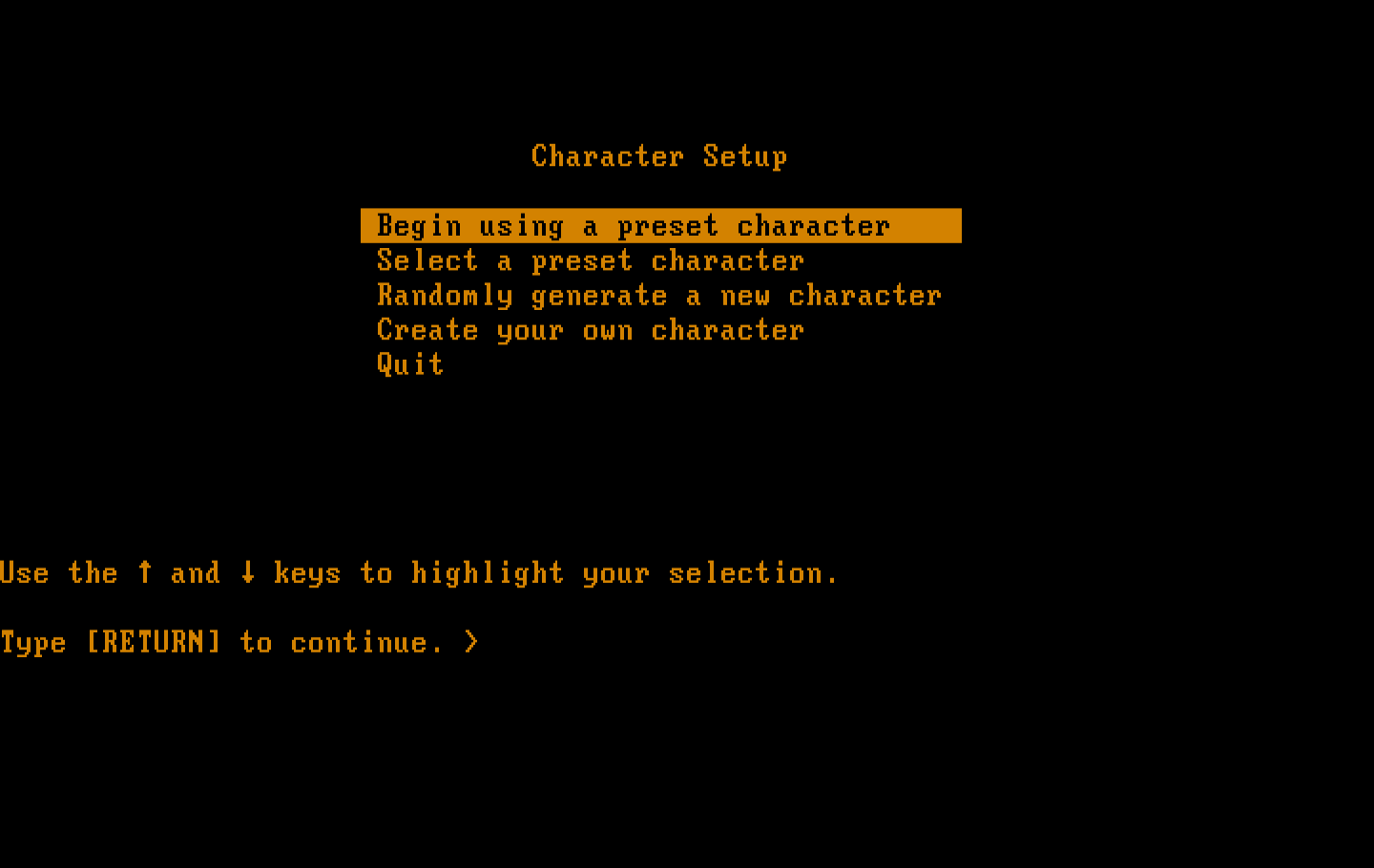 Beyond Zork: The Coconut of Quendor IBM PC/Compatibles Screenshot: Character setup menu.