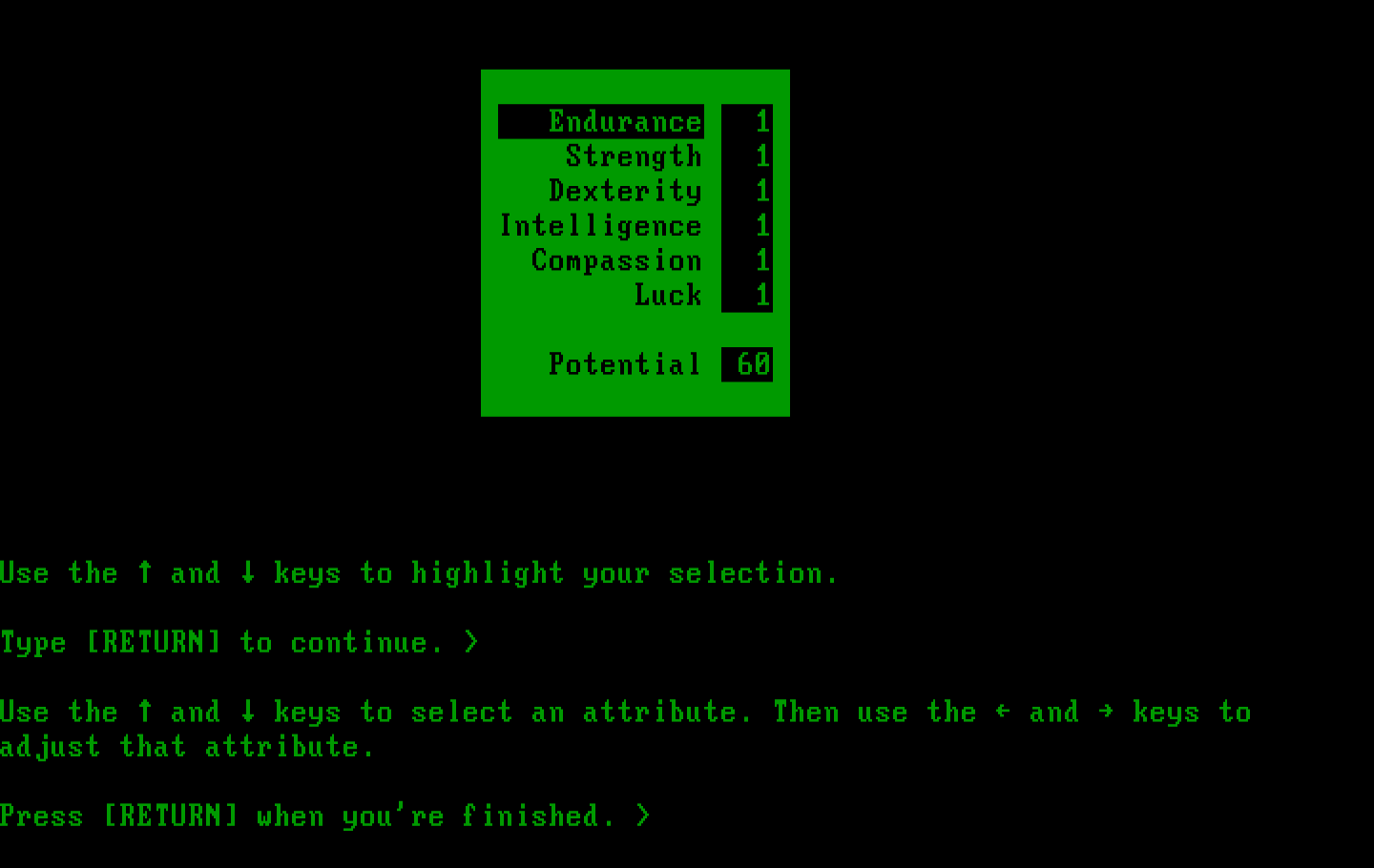 Beyond Zork: The Coconut of Quendor IBM PC/Compatibles Screenshot: Creating a new character.