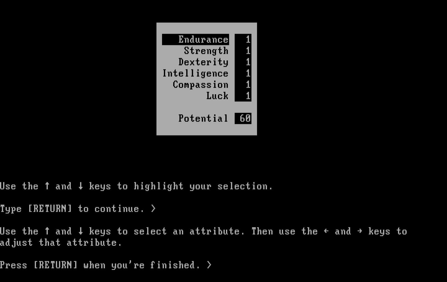 Beyond Zork: The Coconut of Quendor IBM PC/Compatibles Screenshot: Creating a new character.