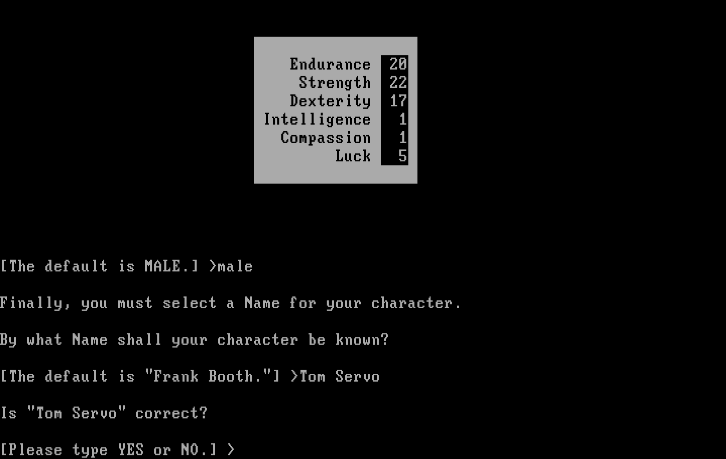 Beyond Zork: The Coconut of Quendor IBM PC/Compatibles Screenshot: Save your new character to disk?