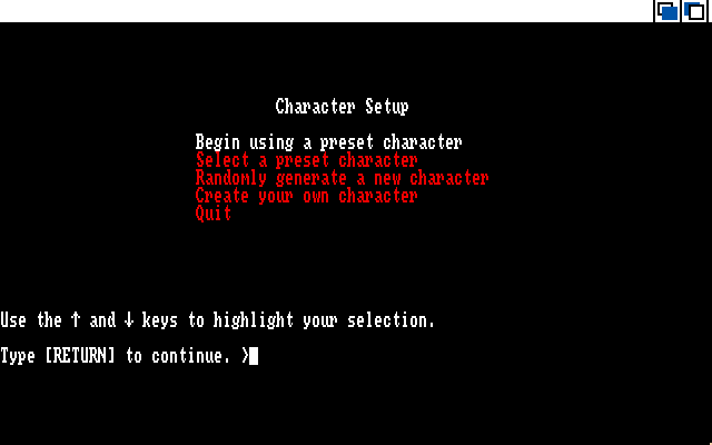 Beyond Zork: The Coconut of Quendor Amiga Screenshot: Character setup menu.