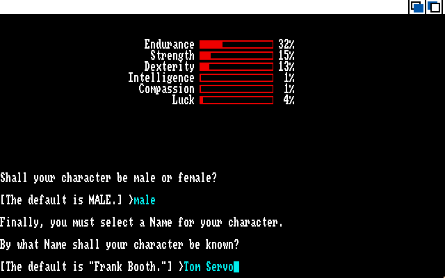 Beyond Zork: The Coconut of Quendor Amiga Screenshot: Creating a new character.