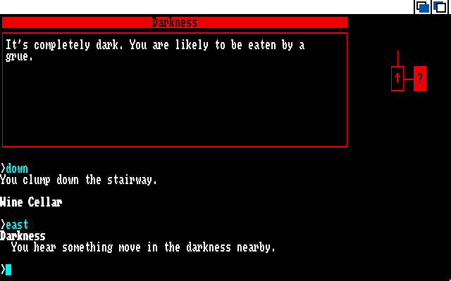 Beyond Zork: The Coconut of Quendor Amiga Screenshot: It's completely dark. You are likely to be eaten by a grue.
