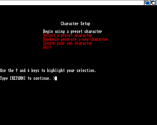 Beyond Zork: The Coconut of Quendor Amiga Screenshot: Character setup menu.
