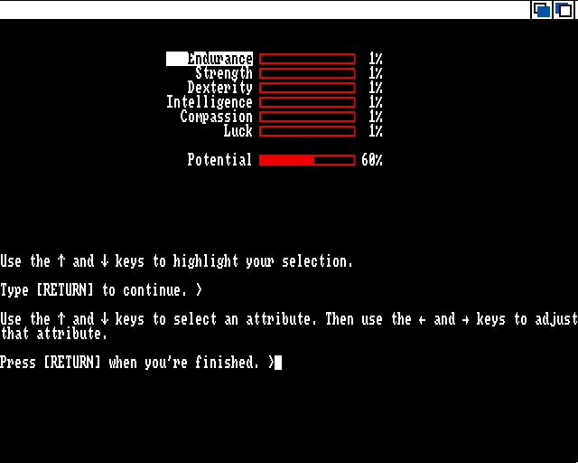 Beyond Zork: The Coconut of Quendor Amiga Screenshot: Creating a new character.