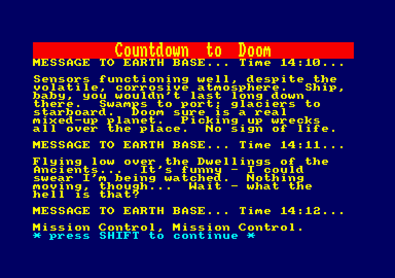 Countdown to Doom Amstrad CPC Screenshot: Game introduction.