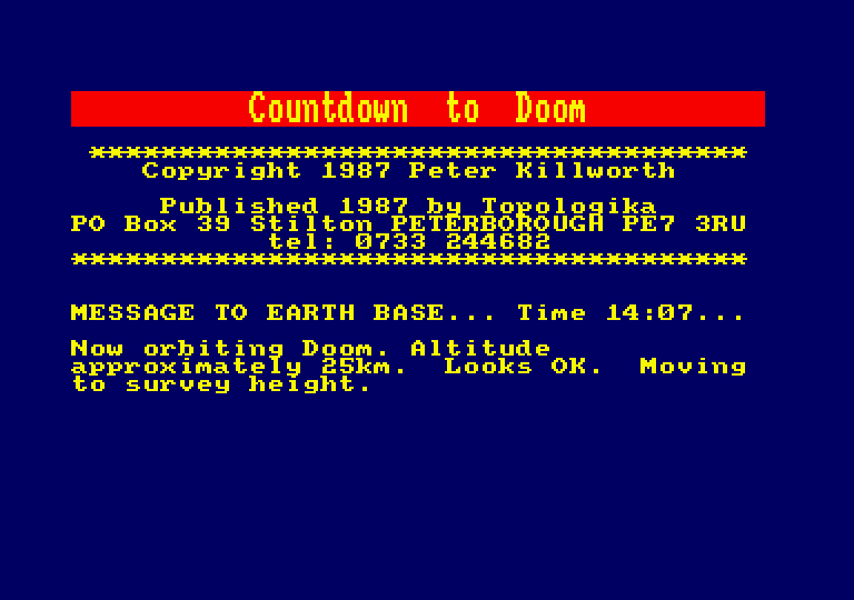 Countdown to Doom Amstrad CPC Screenshot: Starting screen.