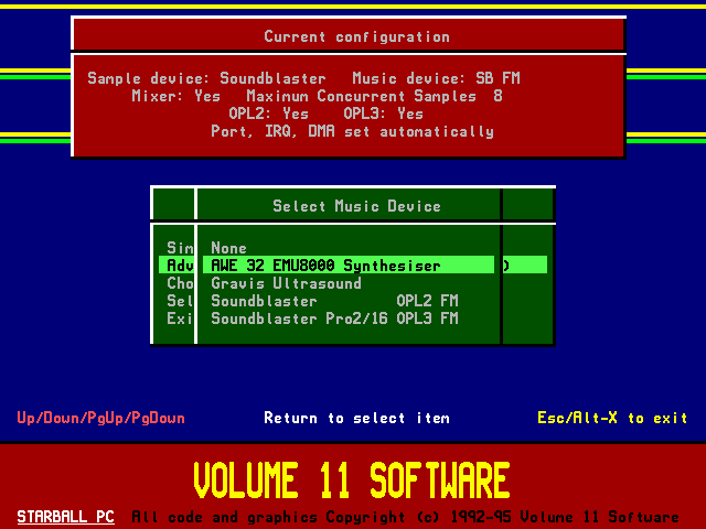 Starball IBM PC/Compatibles Screenshot: Select a MIDI device.