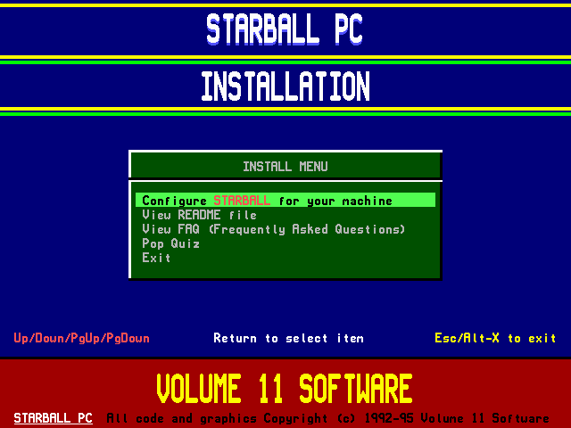 Starball IBM PC/Compatibles Screenshot: Main menu.