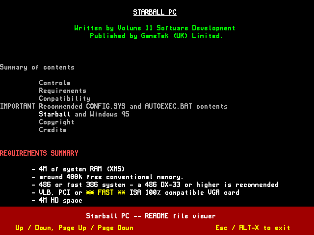 Starball IBM PC/Compatibles Screenshot: Start of the readme file.