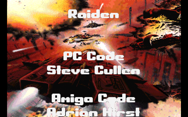 Raiden IBM PC/Compatibles Screenshot: Title screen and credits scrolling vertically.