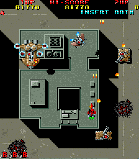 Raiden Arcade Screenshot: The level becomes much harder when you lose weapons upgrades.