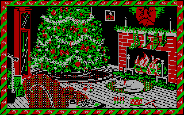 Jingle Disk IBM PC/Compatibles Screenshot: A cat sleeps by the fire...