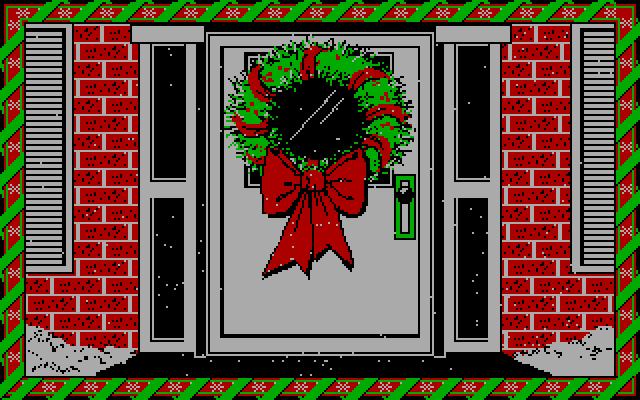 Jingle Disk IBM PC/Compatibles Screenshot: A wreath on a door.