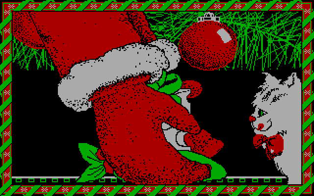 Jingle Disk IBM PC/Compatibles Screenshot: Santa leaves a treat for the cat.