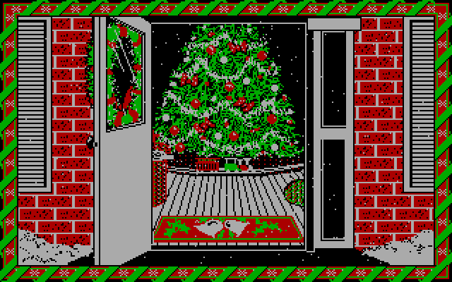 Jingle Disk IBM PC/Compatibles Screenshot: Inside a train circles a christmas tree.