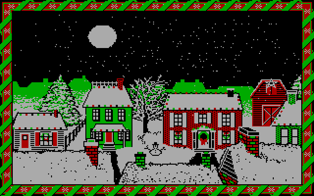 Jingle Disk IBM PC/Compatibles Screenshot: Snow falls on a town at night...