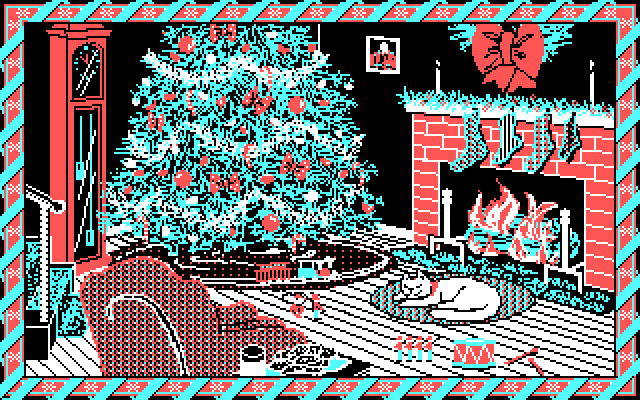 Jingle Disk IBM PC/Compatibles Screenshot: A cat is warm by the fire...