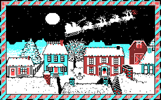 Jingle Disk IBM PC/Compatibles Screenshot: Santa can be seen departing town...
