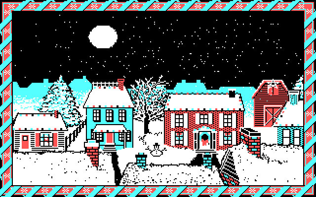 Jingle Disk IBM PC/Compatibles Screenshot: Snow quietly falls on the town...