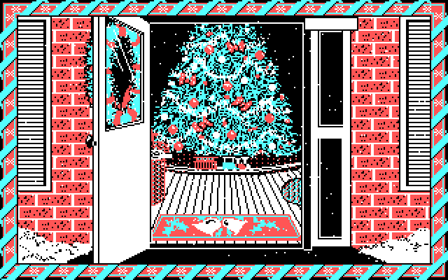 Jingle Disk IBM PC/Compatibles Screenshot: A toy train circles the christmas tree inside...