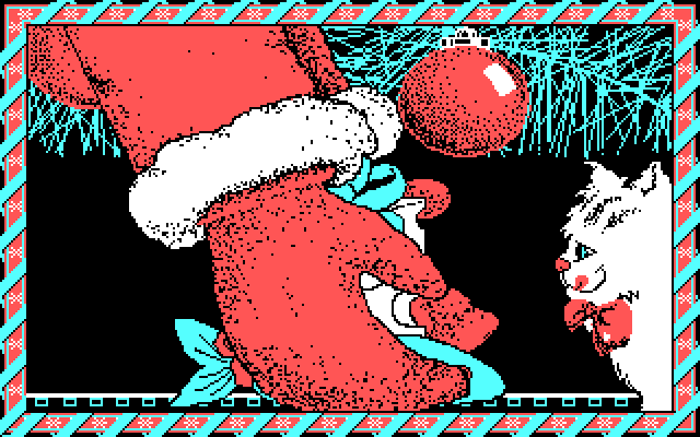 Jingle Disk IBM PC/Compatibles Screenshot: Santa leaves a present for the cat...