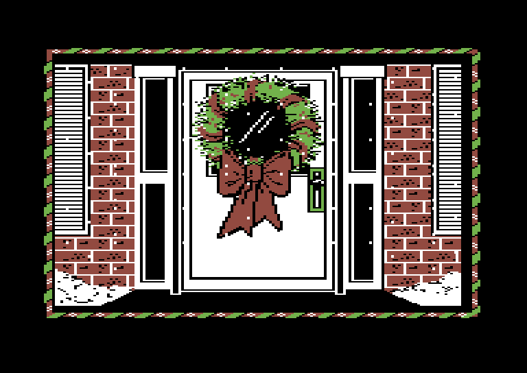 Jingle Disk Commodore 64 Screenshot: A wreath on the door of one of the houses.