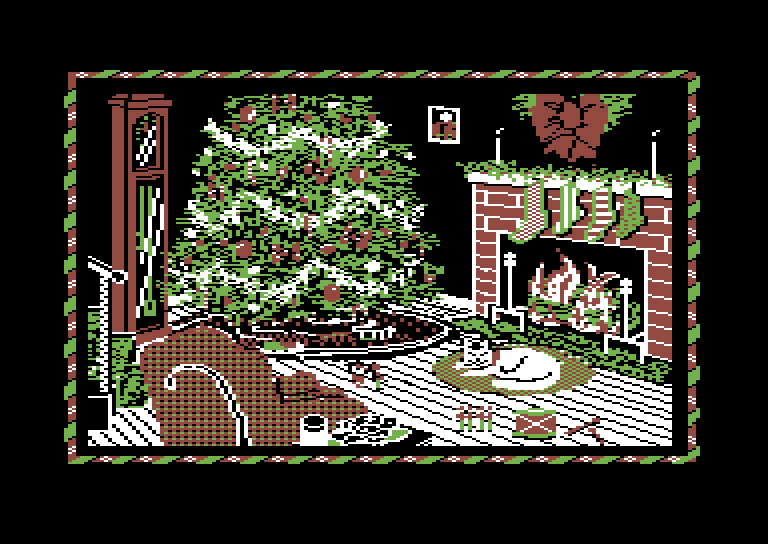 Jingle Disk Commodore 64 Screenshot: A cat is napping by the fire...