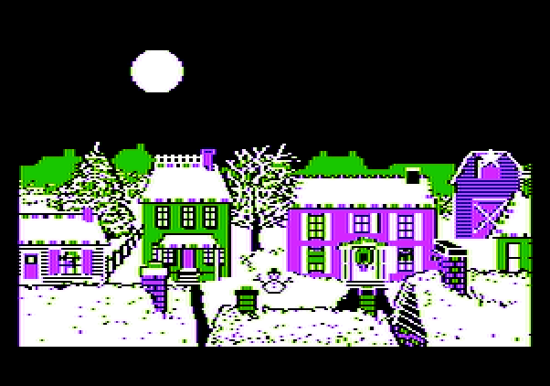 Jingle Disk Apple II Screenshot: A quiet llittle town on Christmas eve.