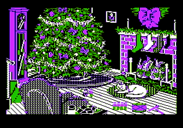 Jingle Disk Apple II Screenshot: A cat sleeps by the fireplace.