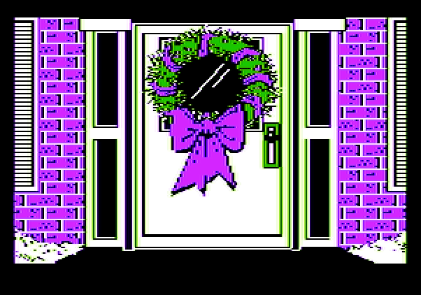 Jingle Disk Apple II Screenshot: A wreath on a door.