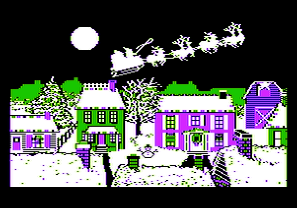 Jingle Disk Apple II Screenshot: Santa's sleigh can be seen leaving town...