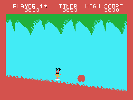Jungle Hunt TI-99/4A Screenshot: This large boulder knocked me over...