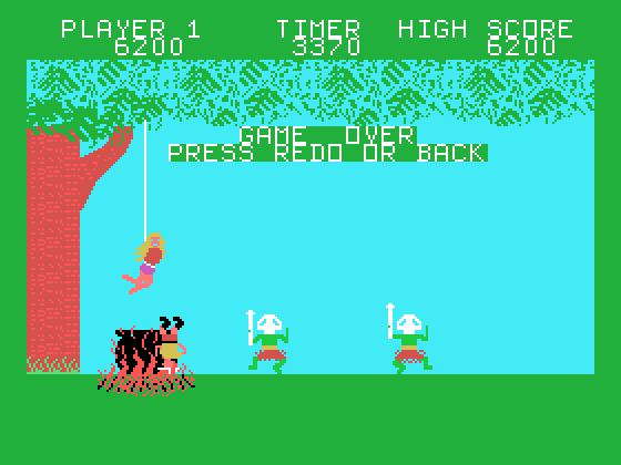 Jungle Hunt TI-99/4A Screenshot: Game over.