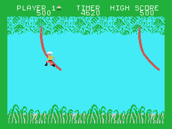 Jungle Hunt TI-99/4A Screenshot: Jumping from vine to vine.