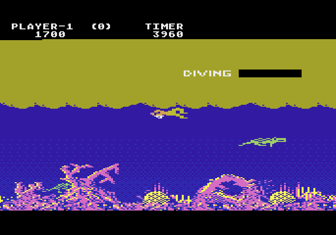 Jungle Hunt Atari 5200 Screenshot: If you run out of air swimming a life is lost...