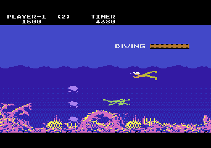 Jungle Hunt Atari 5200 Screenshot: If you touch the air bubbles you'll be trapped and dragged along with them.