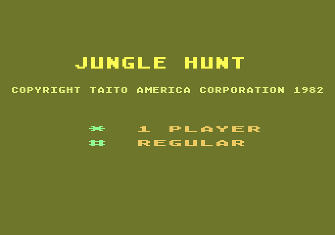 Jungle Hunt Atari 5200 Screenshot: Title screen and game options.