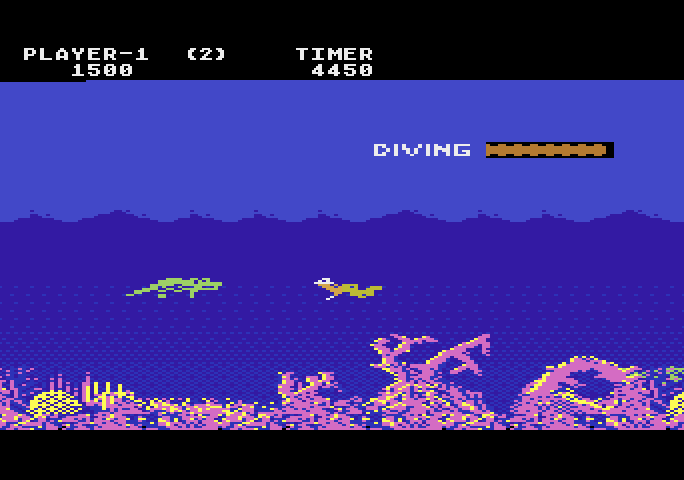 Jungle Hunt Atari 5200 Screenshot: Swimming; don't get caught by crocodiles!