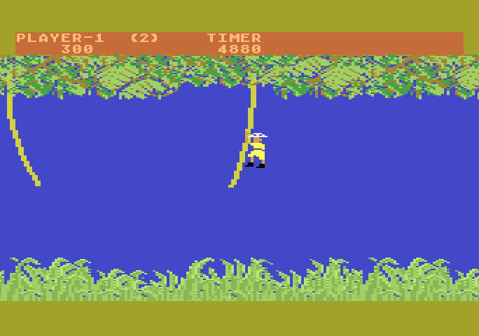 Jungle Hunt Atari 5200 Screenshot: Swinging from vines.