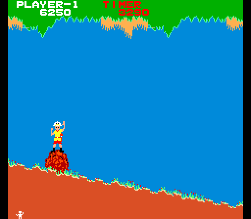 Jungle Hunt Arcade Screenshot: End of the falling rocks sections.