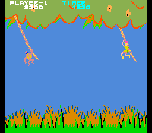Jungle Hunt Arcade Screenshot: Now monkeys are on the vines and knock you off if caught.