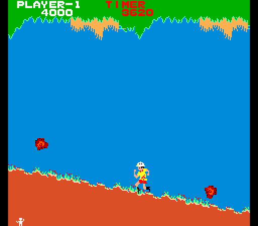 Jungle Hunt Arcade Screenshot: Time to jump over rocks!