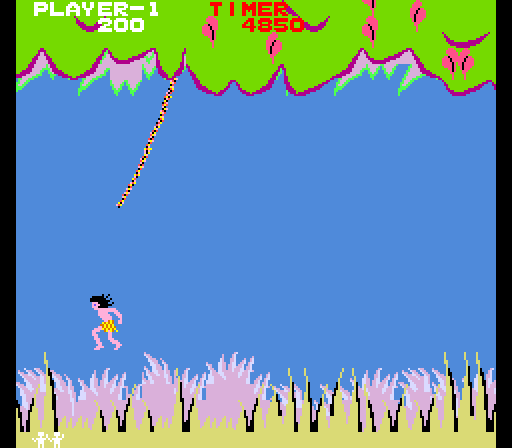 Jungle Hunt Arcade Screenshot: Falling from a vine (Jungle King version).