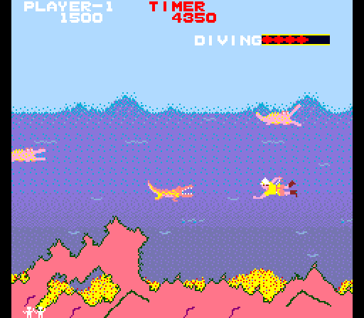 Jungle Hunt Arcade Screenshot: This is a dangerous place to swim!