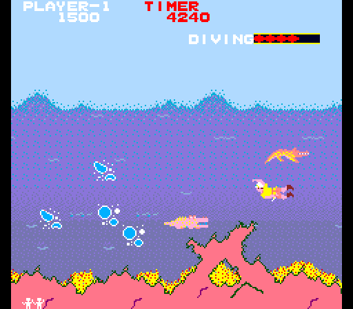 Jungle Hunt Arcade Screenshot: Don't get trapped in the air bubbles!