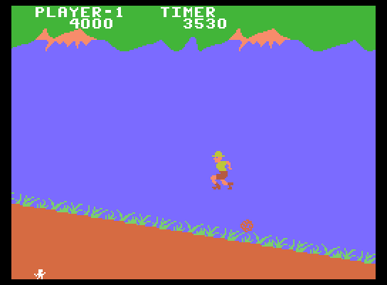 Jungle Hunt ColecoVision Screenshot: Jumping over a rock...