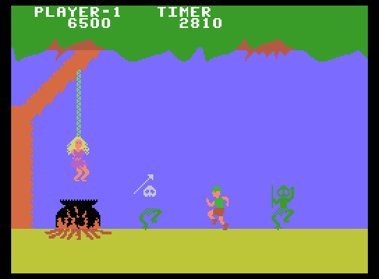 Jungle Hunt ColecoVision Screenshot: Jumped over the first native, one more jump to rescue the girl.